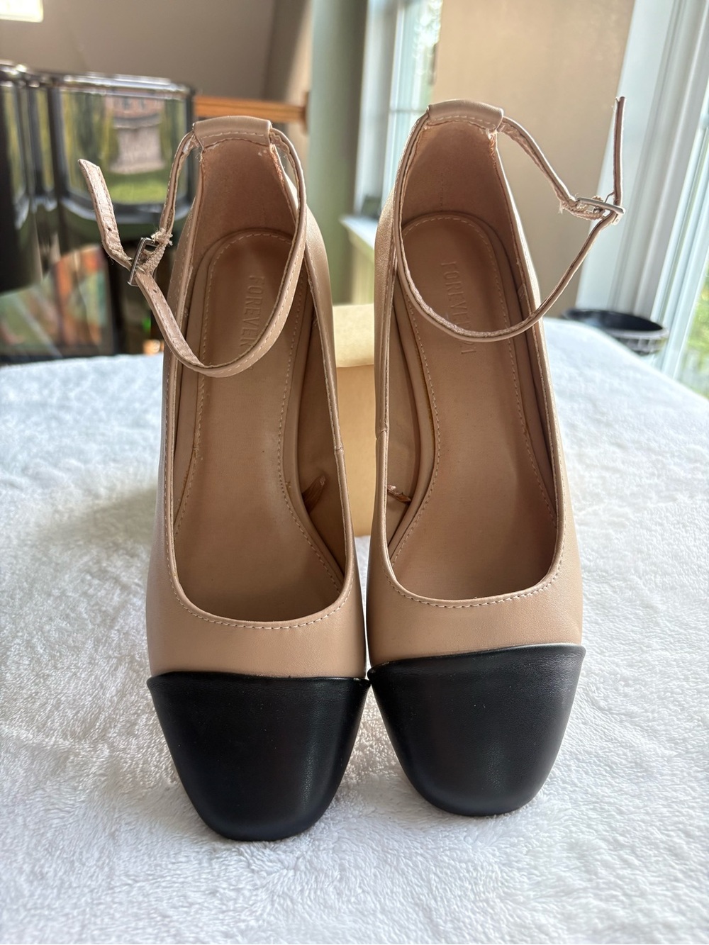 Forever 21 Beige and Black Ankle-Strap Block Heels